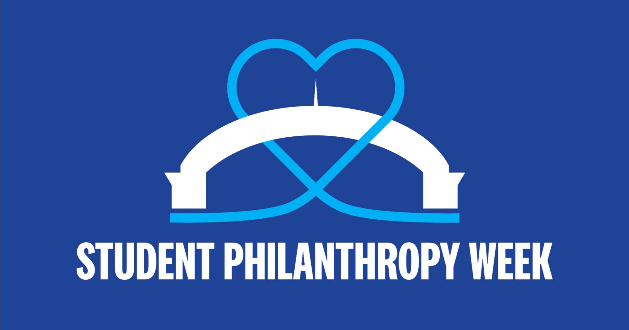 Student Philanthropy Week graphic, light blue heart over GV arch